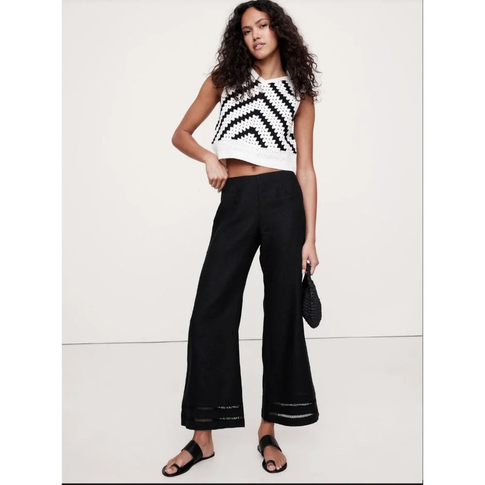 New Banana Republic Pants 12 Linen Kick Flare Lace Trim‎ Cropped Coastal Black